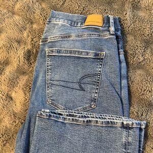 American Eagle Light Blue Denim Jeans with Tan Leather Patch